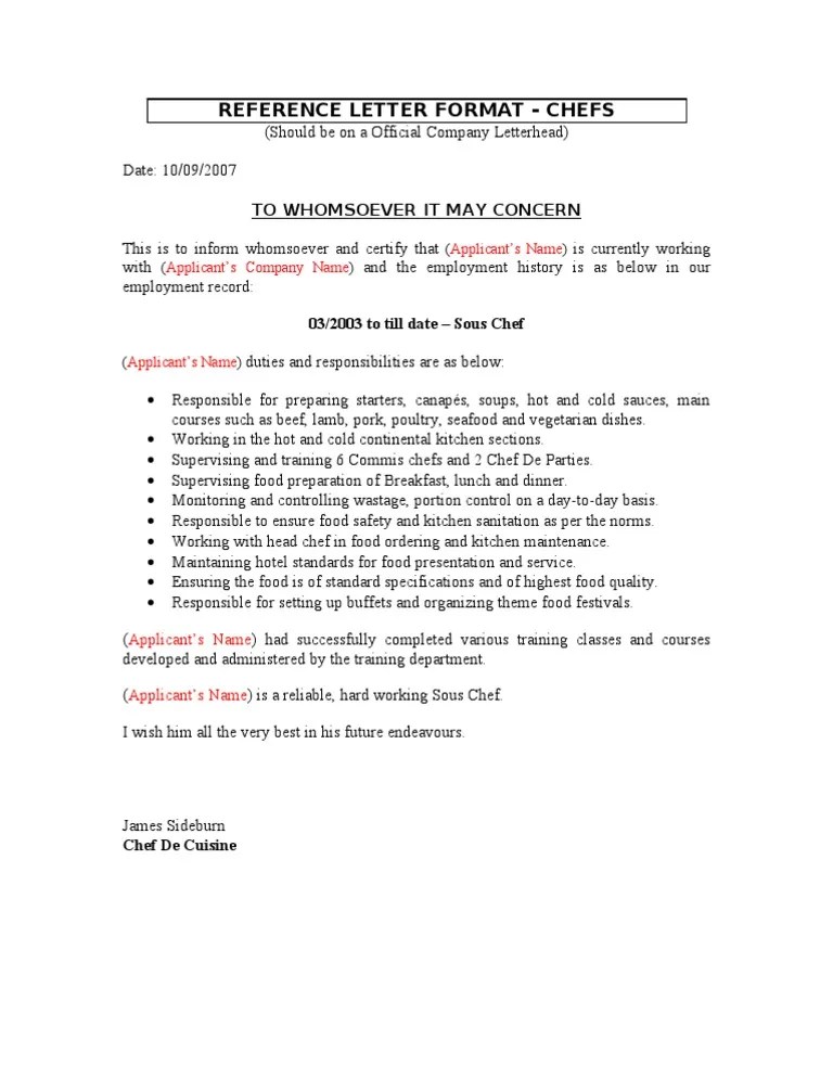 5 Reference Letter Format Chefs