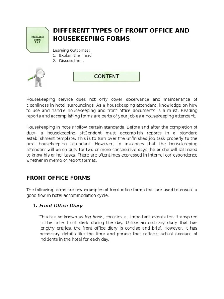 Different Types of Front Office and Housekeeping Forms Content PDF