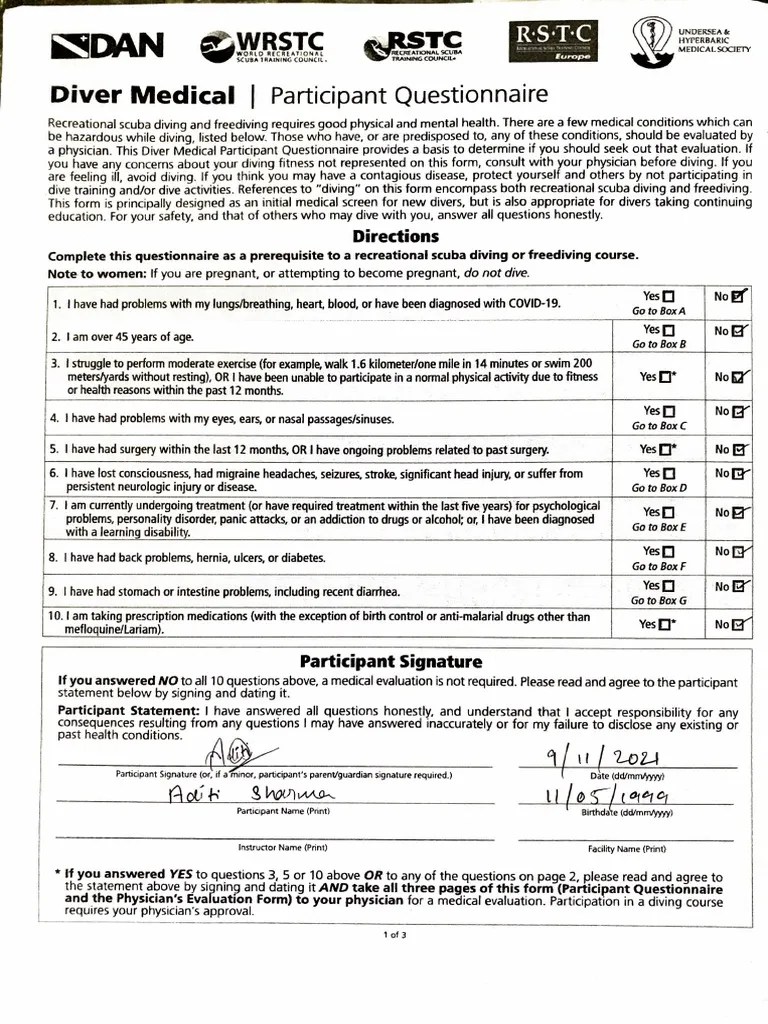 Scuba Diving Medical Form PDF Underwater Diving Scuba Diving