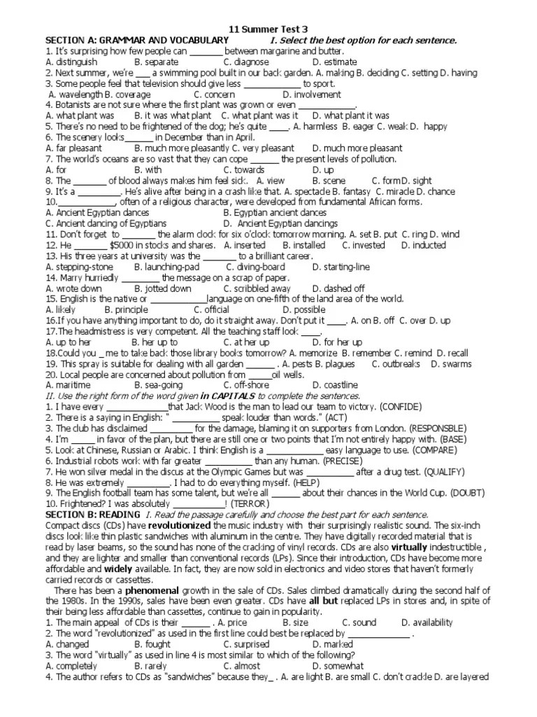 I. Select The Best Option For Each Sentence PDF Compact Disc