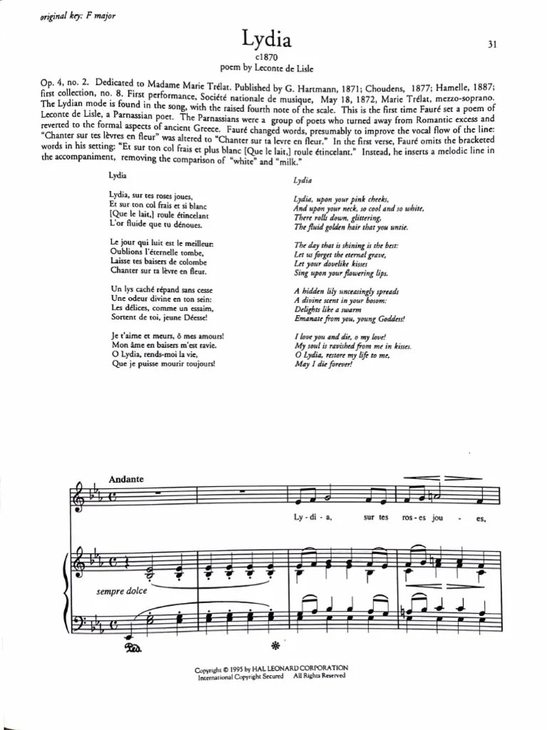Lydia by Fauré Eb Major PDF
