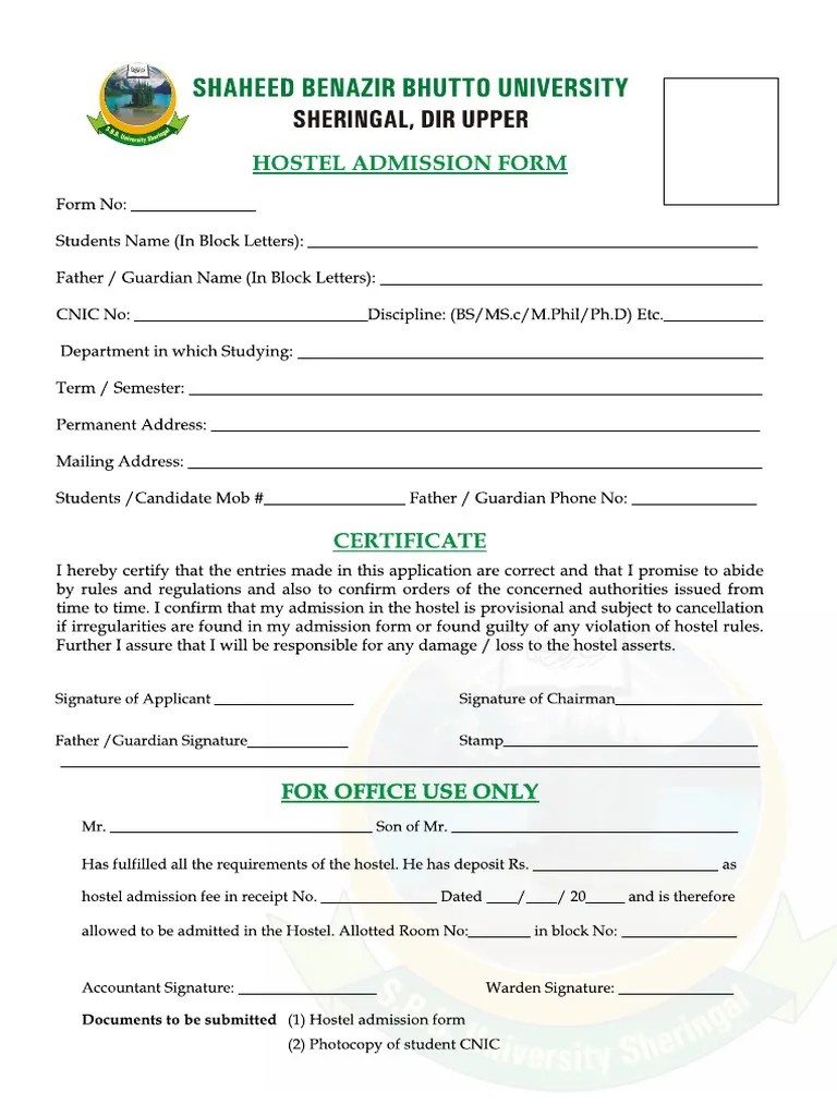 Hostel Admission Form PDF