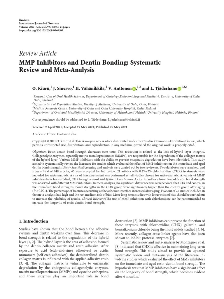 MMP Inhibitors and Dentin Bonding Systematic Review and MetaAnalysis