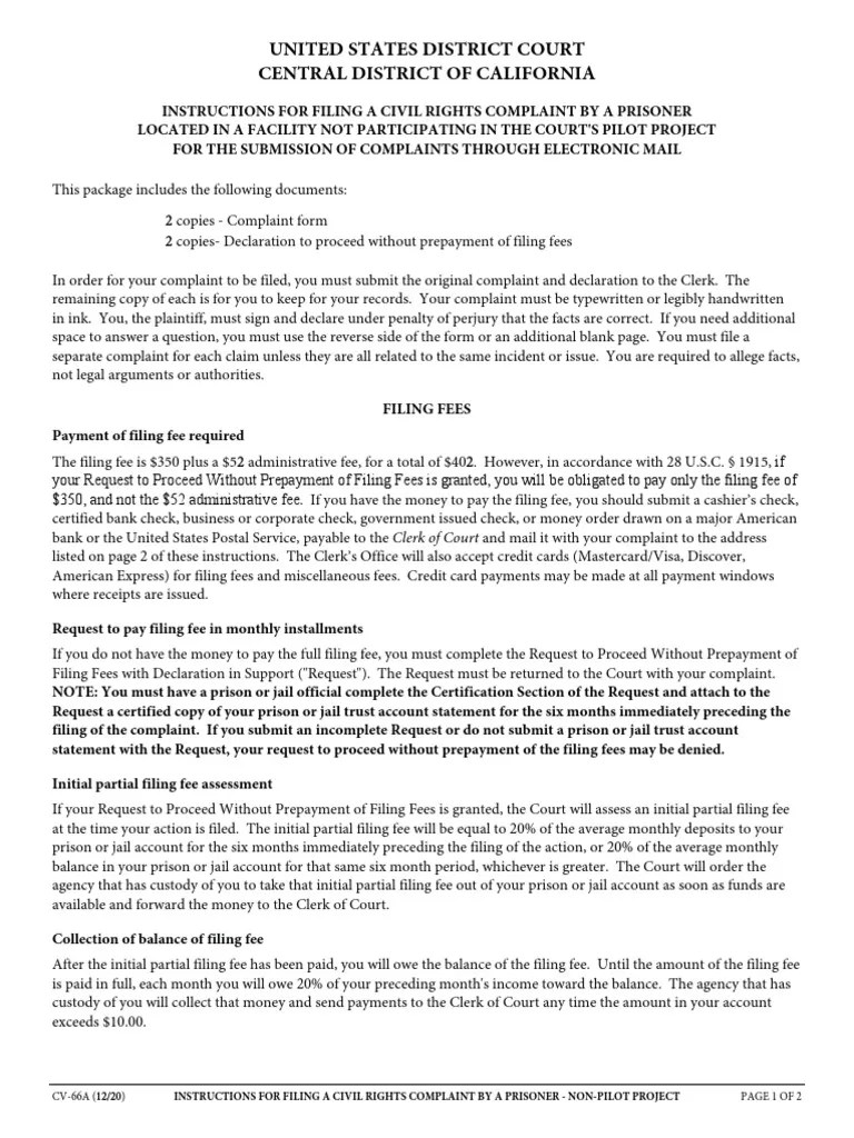 Prisoner Civil Rights ComplaintNonPilot Project Packet PDF