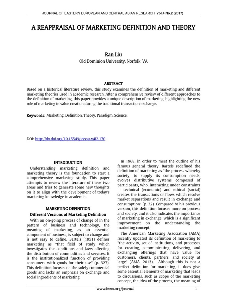 A Reappraisal of Marketing Definition and Theory Ran Liu PDF Marketing Science