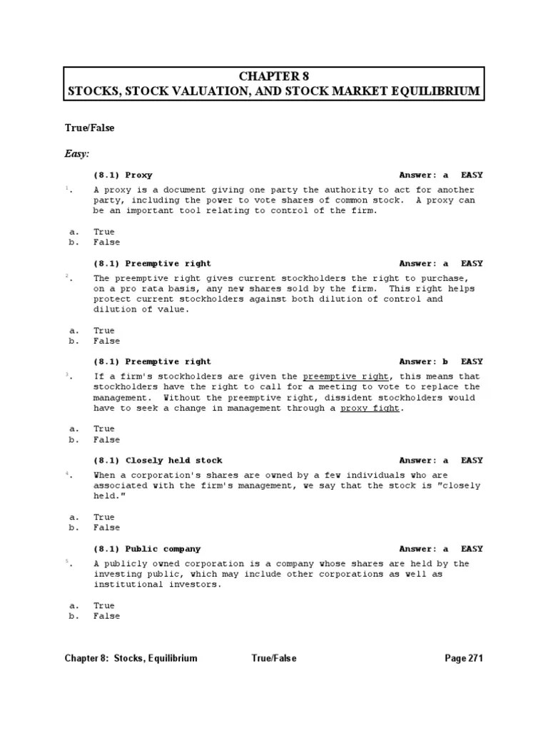 True/False Questions and Multiple Choice Conceptual Questions on Stocks