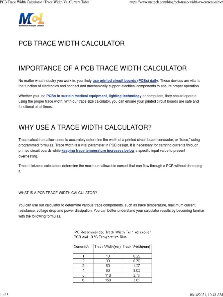 PCB Trace Width Calculator Trace Width vs. Current Table PDF