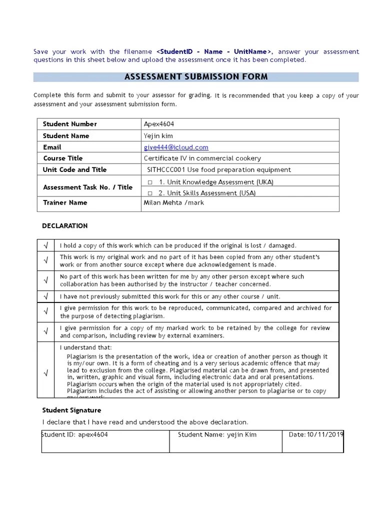 SITHCCC001 Use Food Preparation Equipment Learner Assessment Pack V2.0