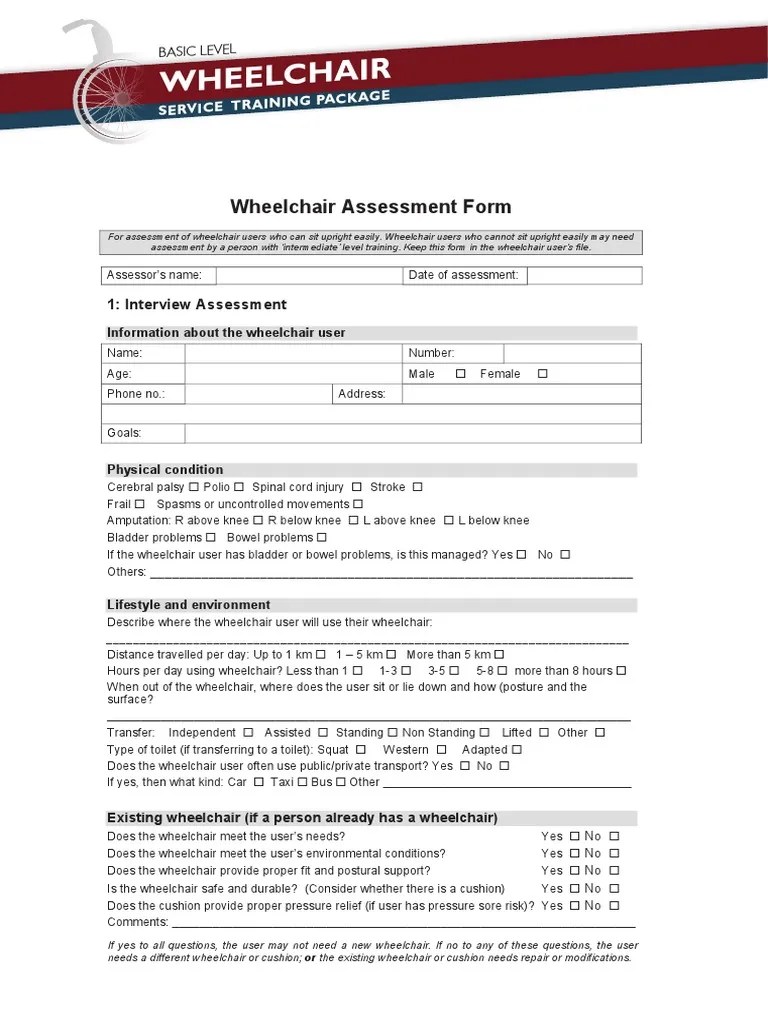 Basic Wheelchair Assessment Form PDF Wheelchair Pressure