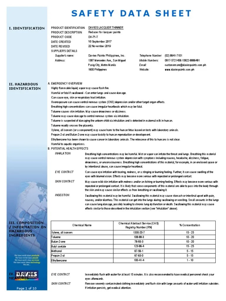Davies 71T Lacquer Thinner SDS PDF Toxicity Firefighting