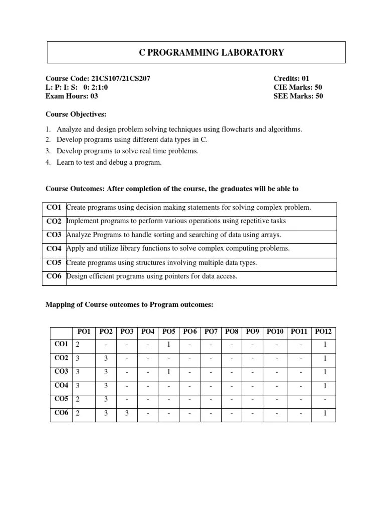 C Programming Lab Syllabus202122 PDF Matrix (Mathematics