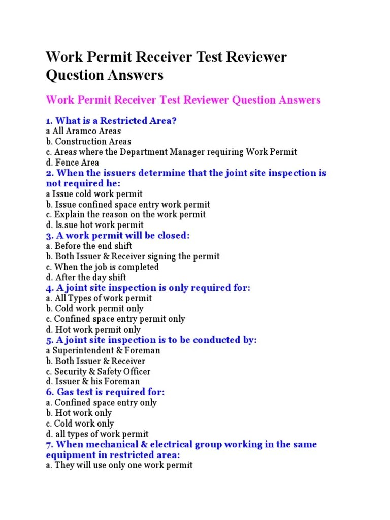 Work Permit Receiver Test Reviewer Question Answers | PDF | Safety