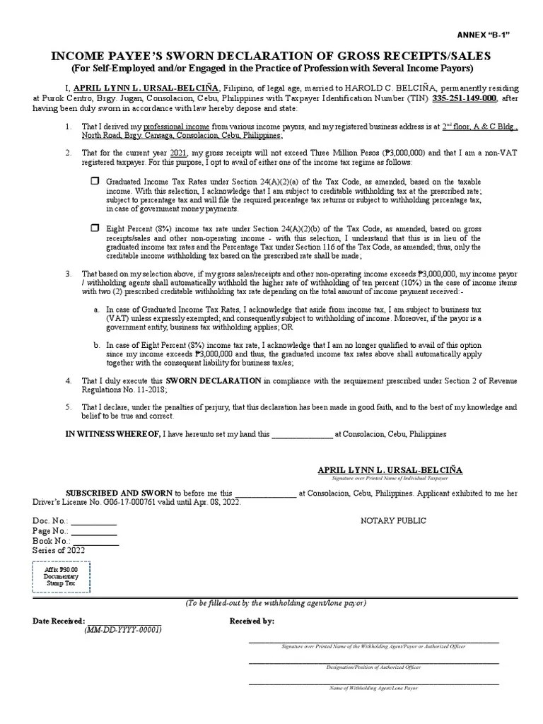 Payee's Sworn Declaration of Gross Receipts or Sales PDF