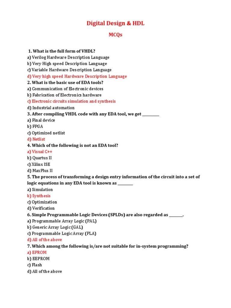 Digital Design & HDL D) Very High Speed Hardware Description Language