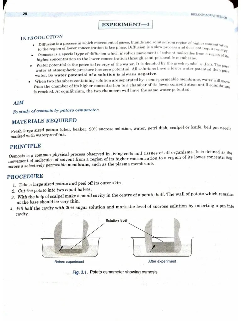 Practical 5. Study of Osmosis by Potato Osmometer PDF
