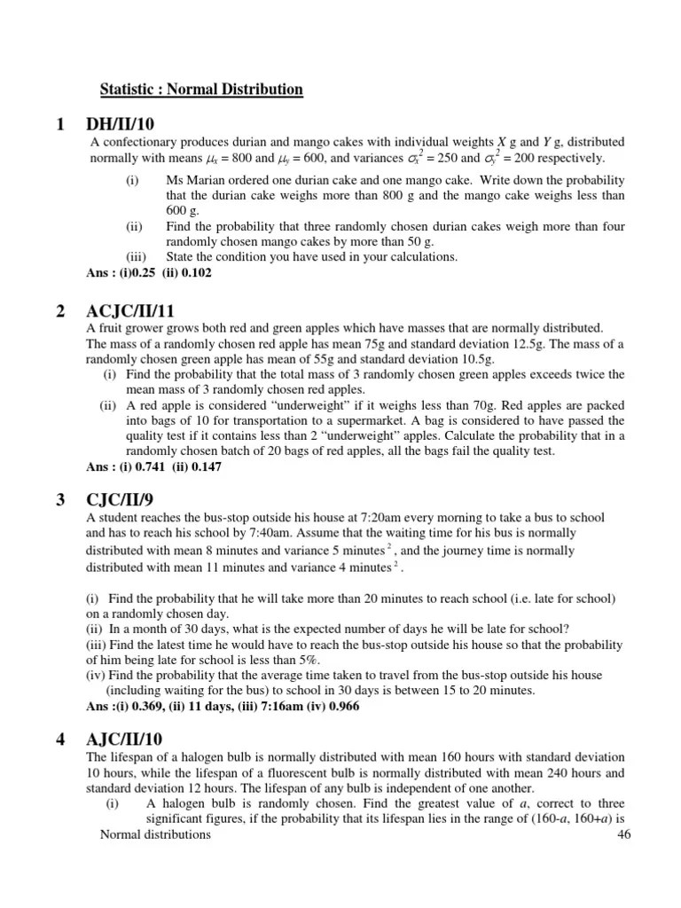08 Normal Dist 8 Qns Normal Distribution Mean