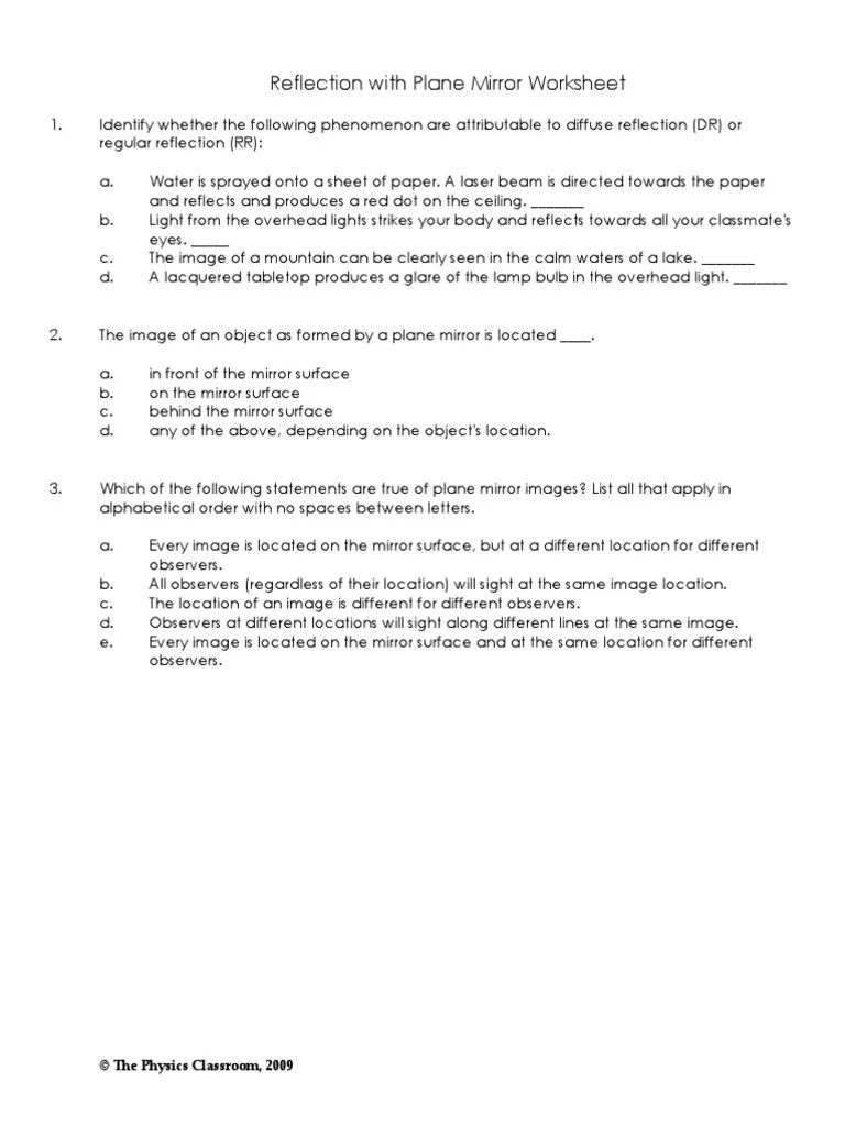 Reflection With Plane Mirror Worksheet PDF Mirror Reflection (Physics)