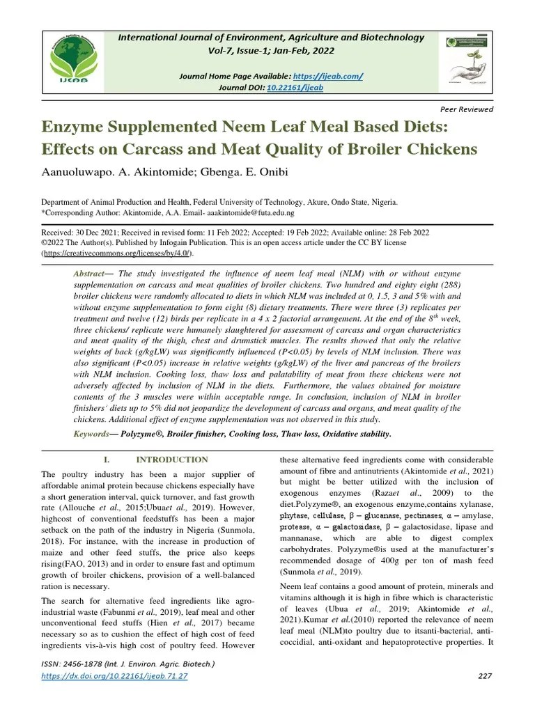 Enzyme Supplemented Neem Leaf Meal Based Diets Effects On Carcass and