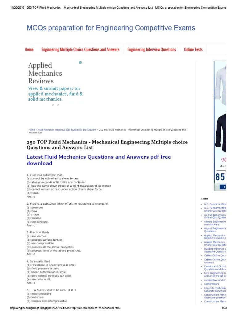 250 TOP MCQ Fluid Mechanics Mechanical Engineering Multiple Choice