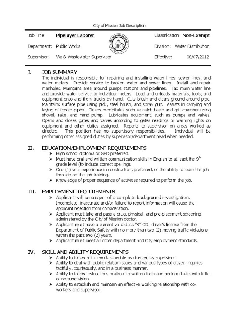 Pipe Layer Laborer PDF Pumping Station Sanitary Sewer