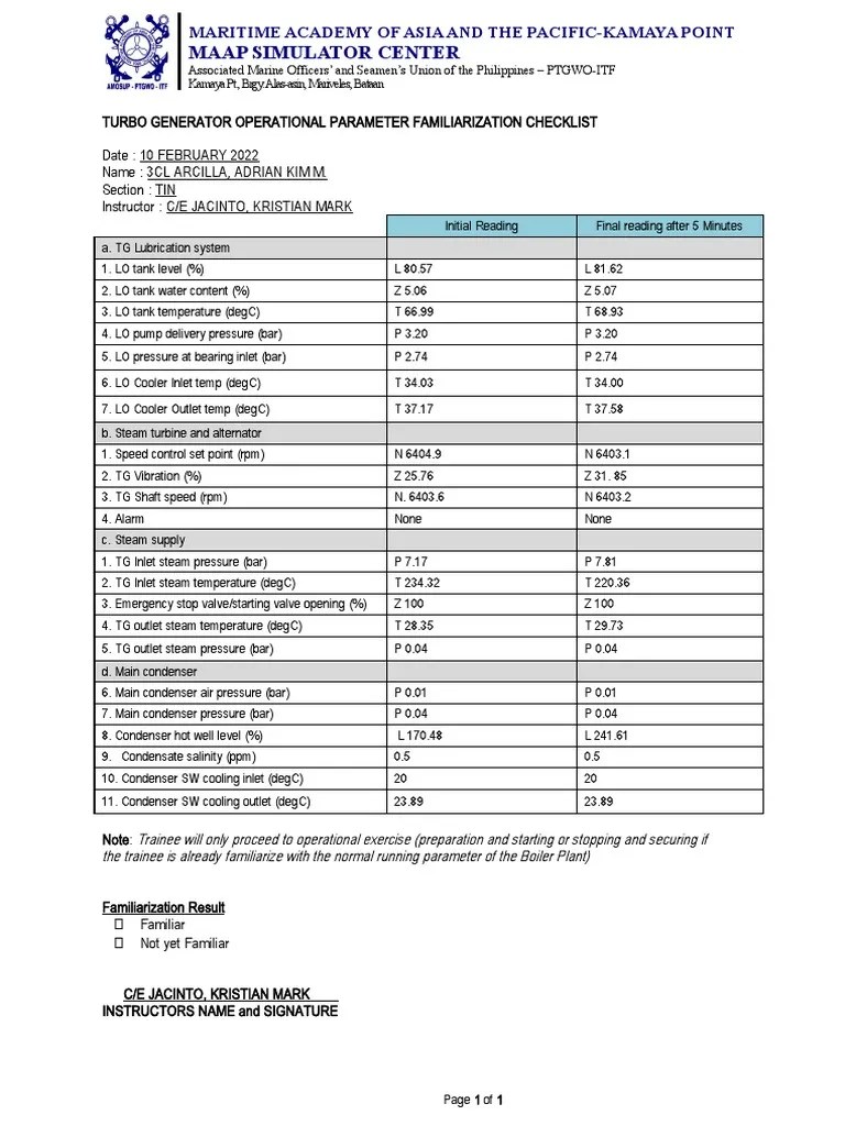 Turbo Generator Operational Parameter Familiarization Checklist PDF