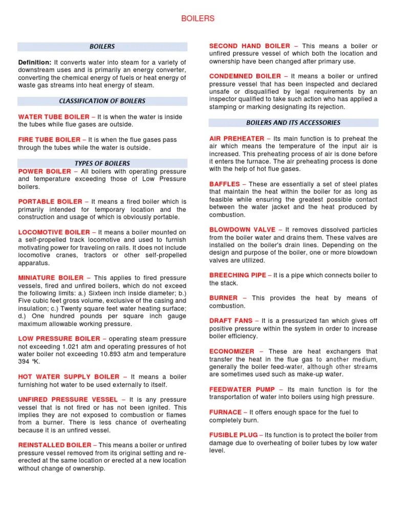 BOILERS Definition and Formula PDF Boiler Water Heating