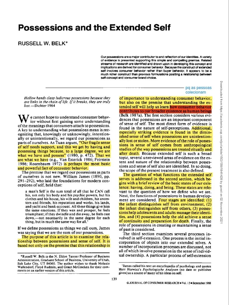 Possessions and The Extended Self PDF Self Consumer Behaviour