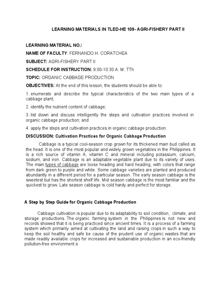 Cultivation Practices For Organic Cabbage Production PDF Cabbage Soil