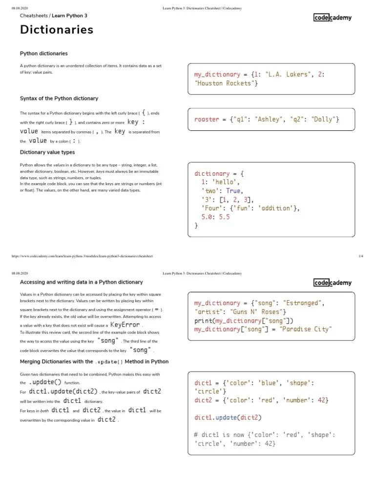 Dictionaries Cheatsheet PDF Bracket Python (Programming Language)