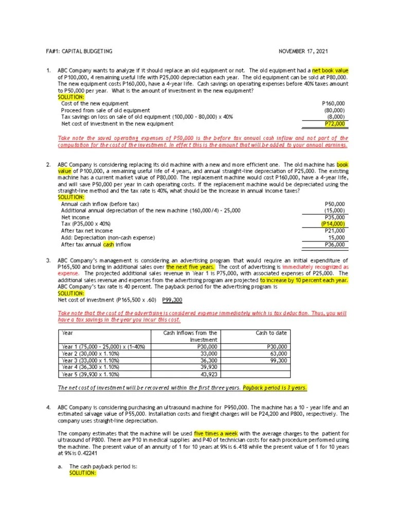 FA1 - Capital Budgeting - Answer Key | PDF | Depreciation | Expense