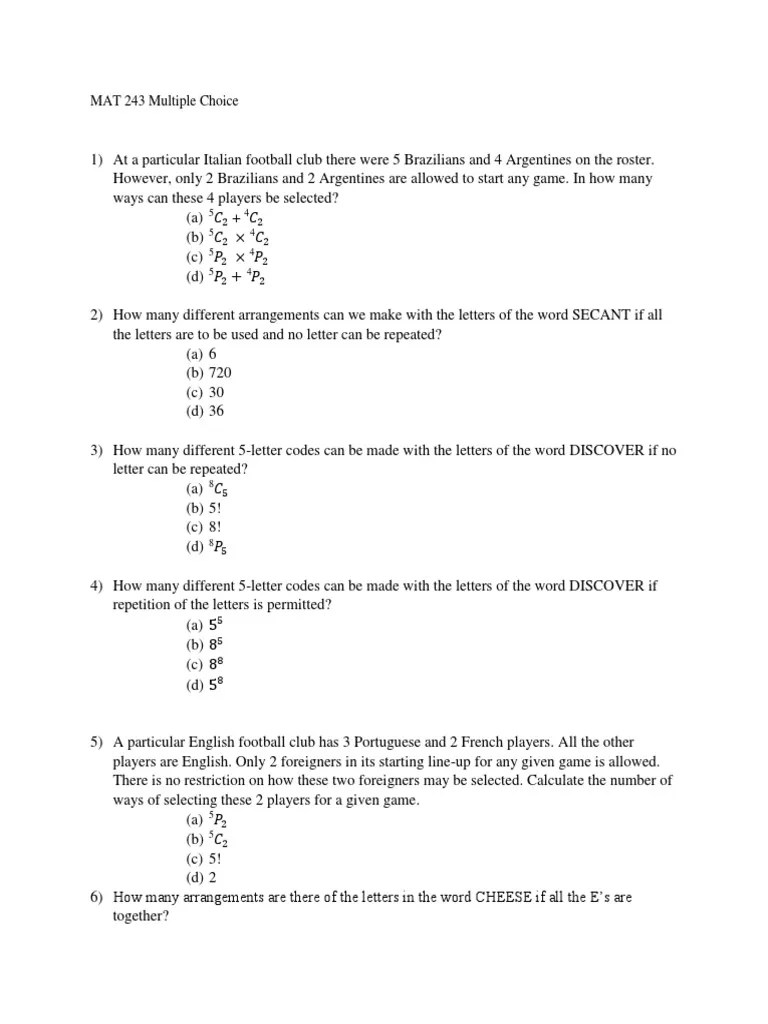 MAT 243 Multiple Choice PDF Matrix (Mathematics) Determinant