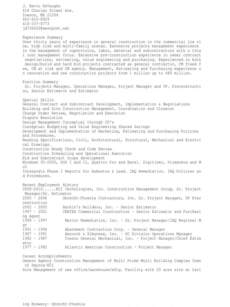 Project Manager or Senior Estimator Construction Management General