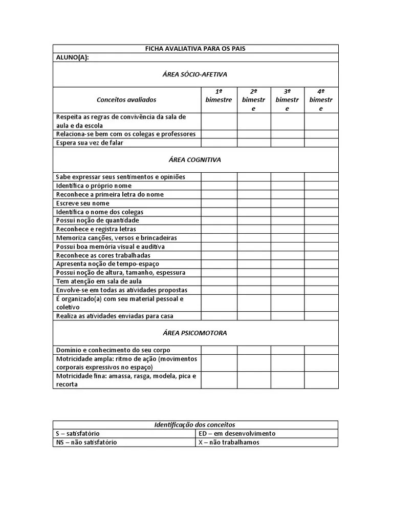 Ficha Avaliativa para Educação Infantil