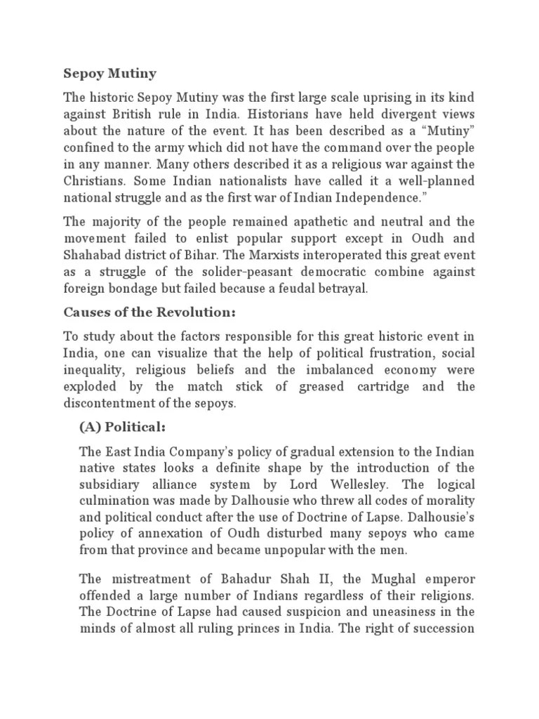 Sepoy Mutiny Causes of Mutiny PDF Indian Rebellion Of 1857
