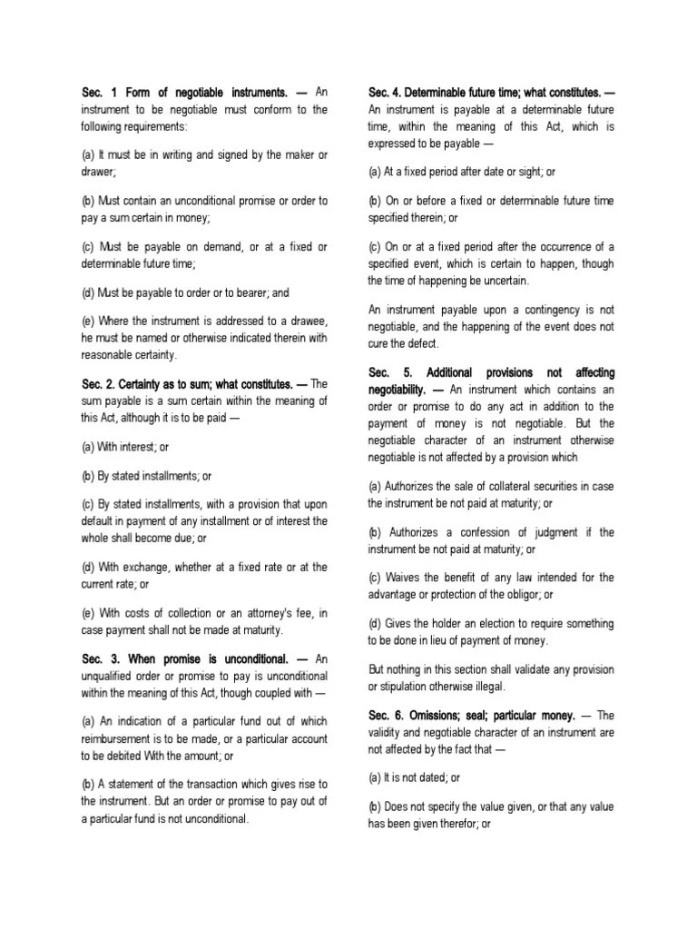SECTIONS Law PDF Negotiable Instrument Civil Law (Legal System)