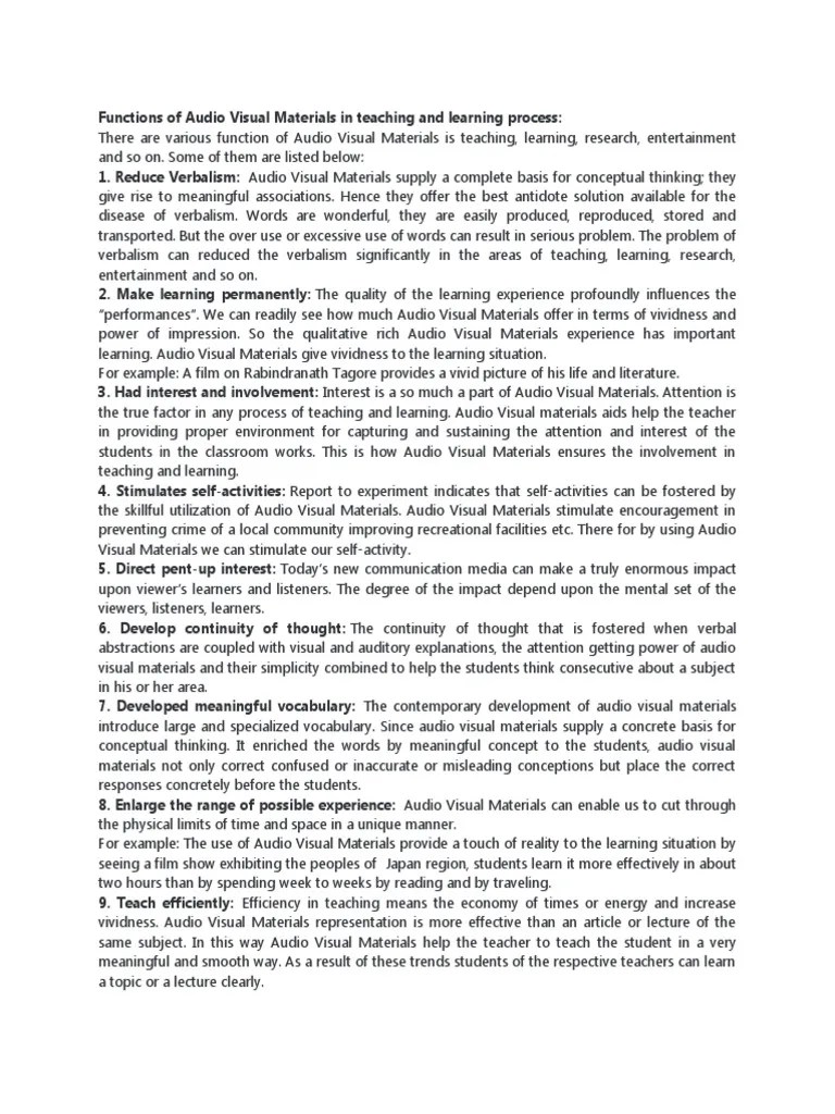 Functions of Audio Visual Materials in Teaching and Learning Process PDF Learning Teachers
