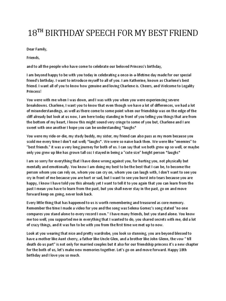 18th Birthday Speech For My Best Friend PDF
