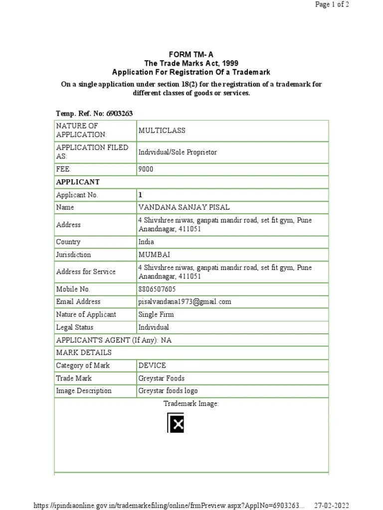 Greystar Foods TM Application PDF Fruit Preserves Foods