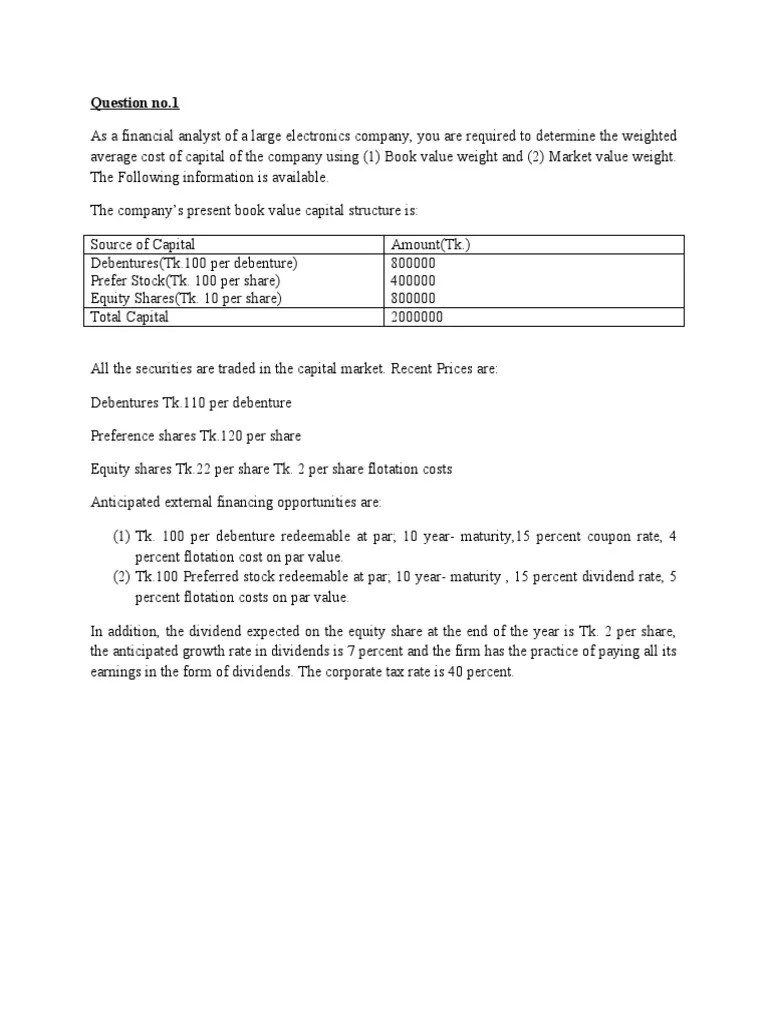 Question of Cost of Capital PDF Preferred Stock Cost Of Capital