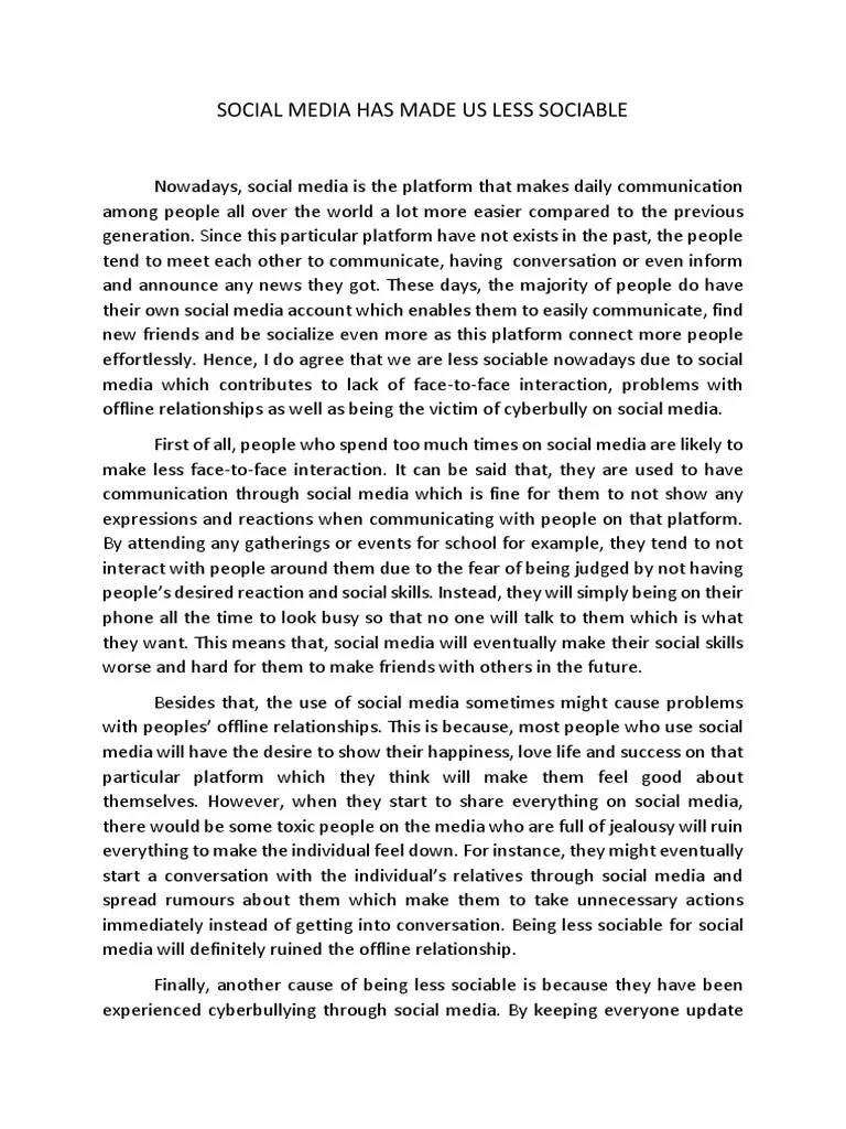 Social Media Has Made Us Less Social Essay PDF Popular Culture