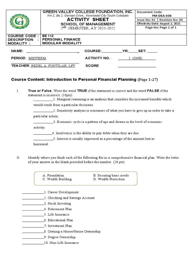 Activity Sheet: Course Content: Introduction To Personal Financial