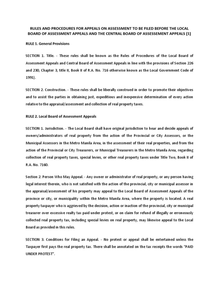 Rules and Procedures For Appeals On Assessment To Be Filed Before The