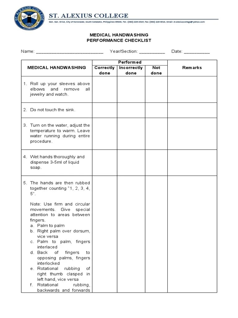Medical Handwashing Performance Checklist PDF