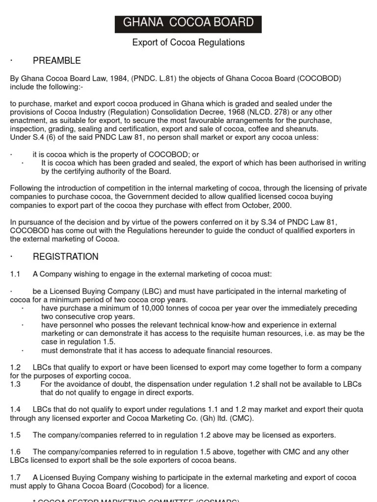 Export of Cocoa Regulations PDF Cocoa Bean Exports