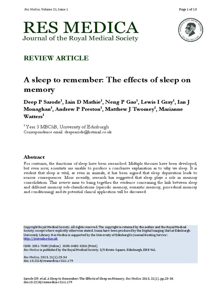 A Sleep To Remember The Effects of Sleep On Memory Review Article