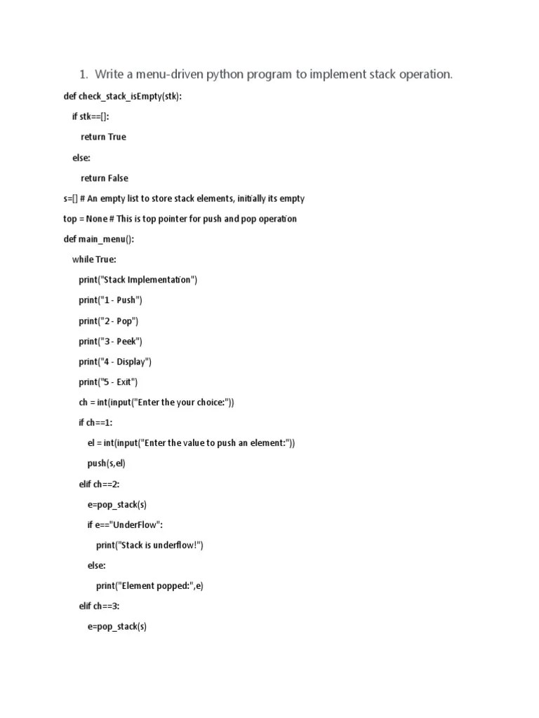 Write A MenuDriven Python Program To Implement Stack Operation PDF String Science