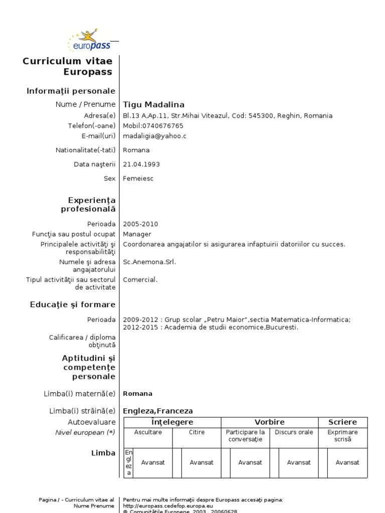 Model Cv Curriculum Vitae European Romana