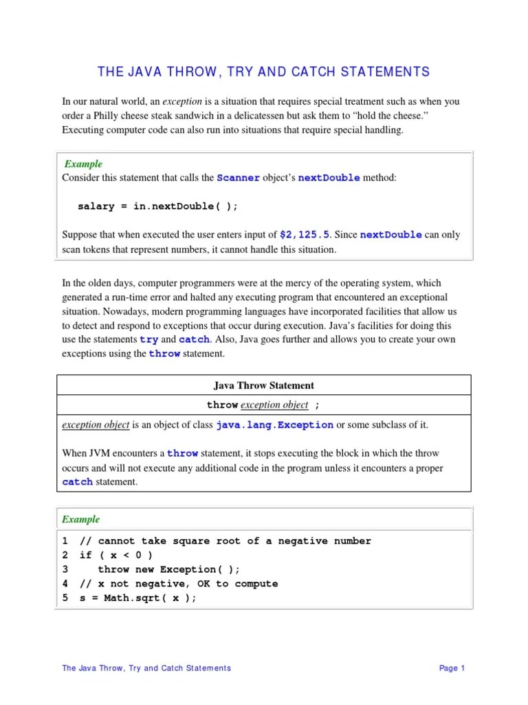 The Java Throw, Try and Catch Statements Example PDF Class