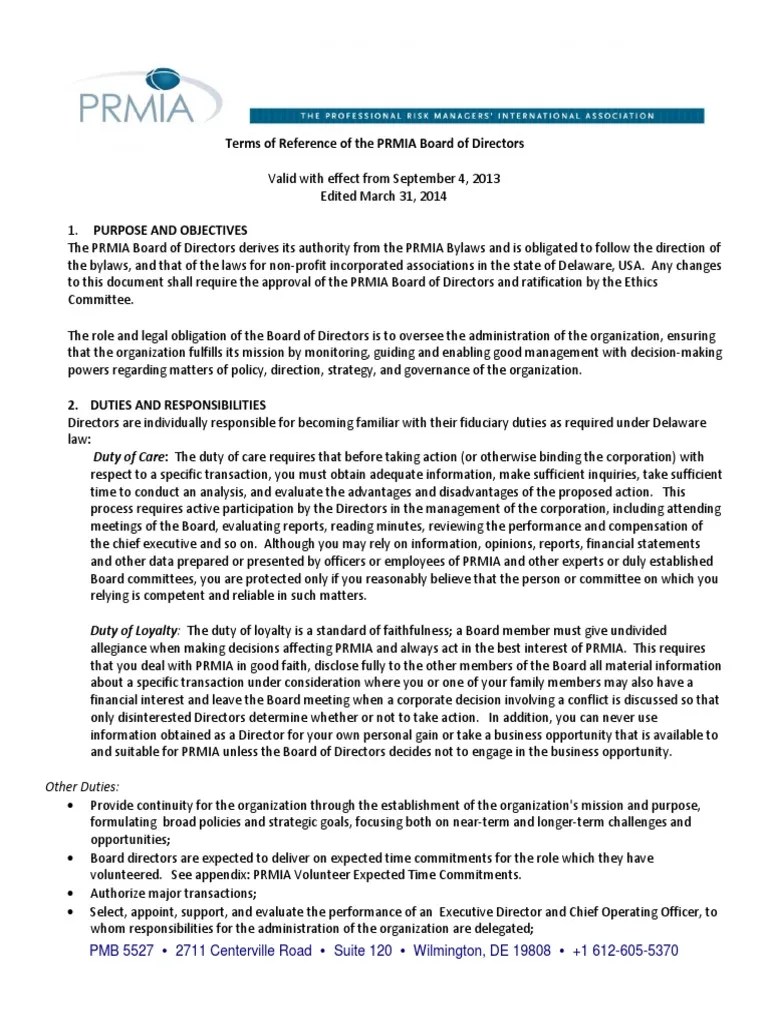 Terms of Reference of The PRMIA Board of Directors PDF Board Of