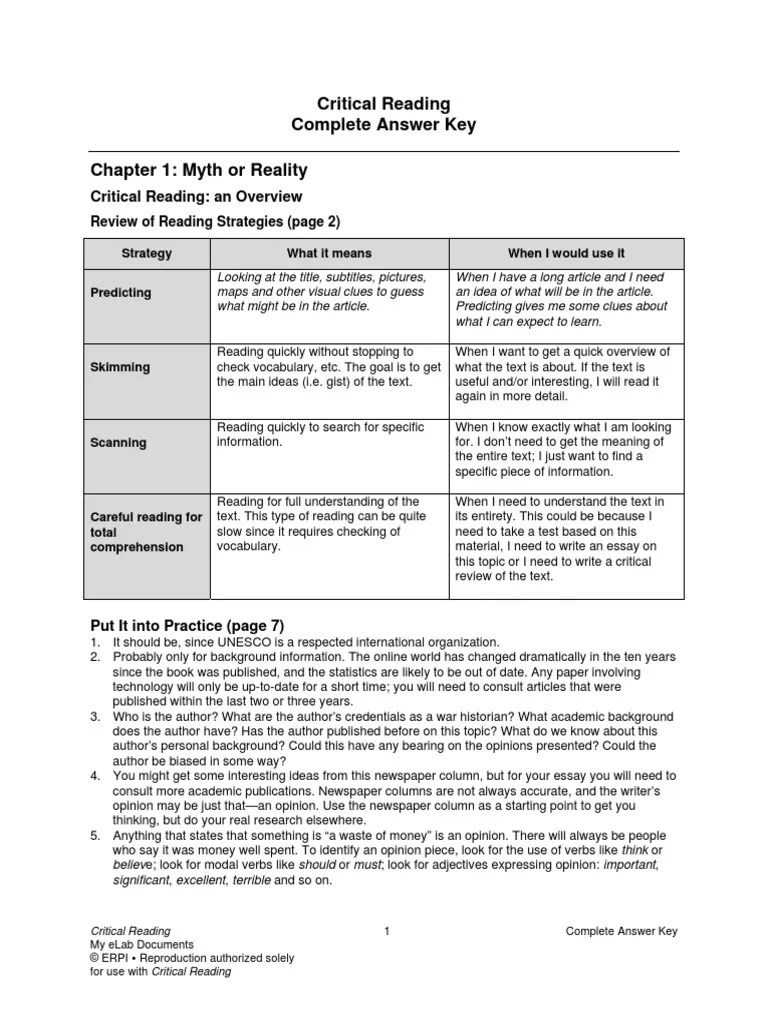 Critical Reading Complete Answer Key Chapter 1: Myth or Reality | PDF